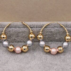 18K Yellow Gold Filled 3 Color Carve Bead Circle Hoop Dangle Earrings 39mm Gift